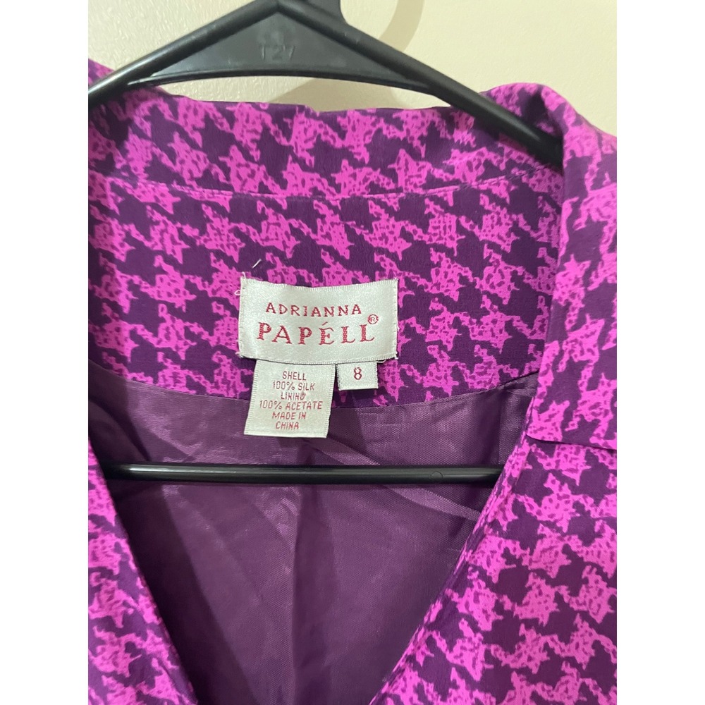 Adrianna Papell Vintage Purple Houndstooth 100% Silk Shirt Dress Size 8 - Picture 3 of 7